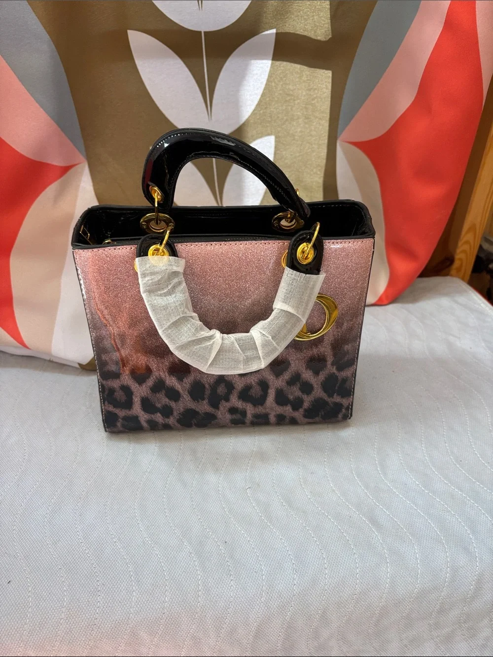 Leopard-Print Patent Satchel in Rose Brown with Black Trim